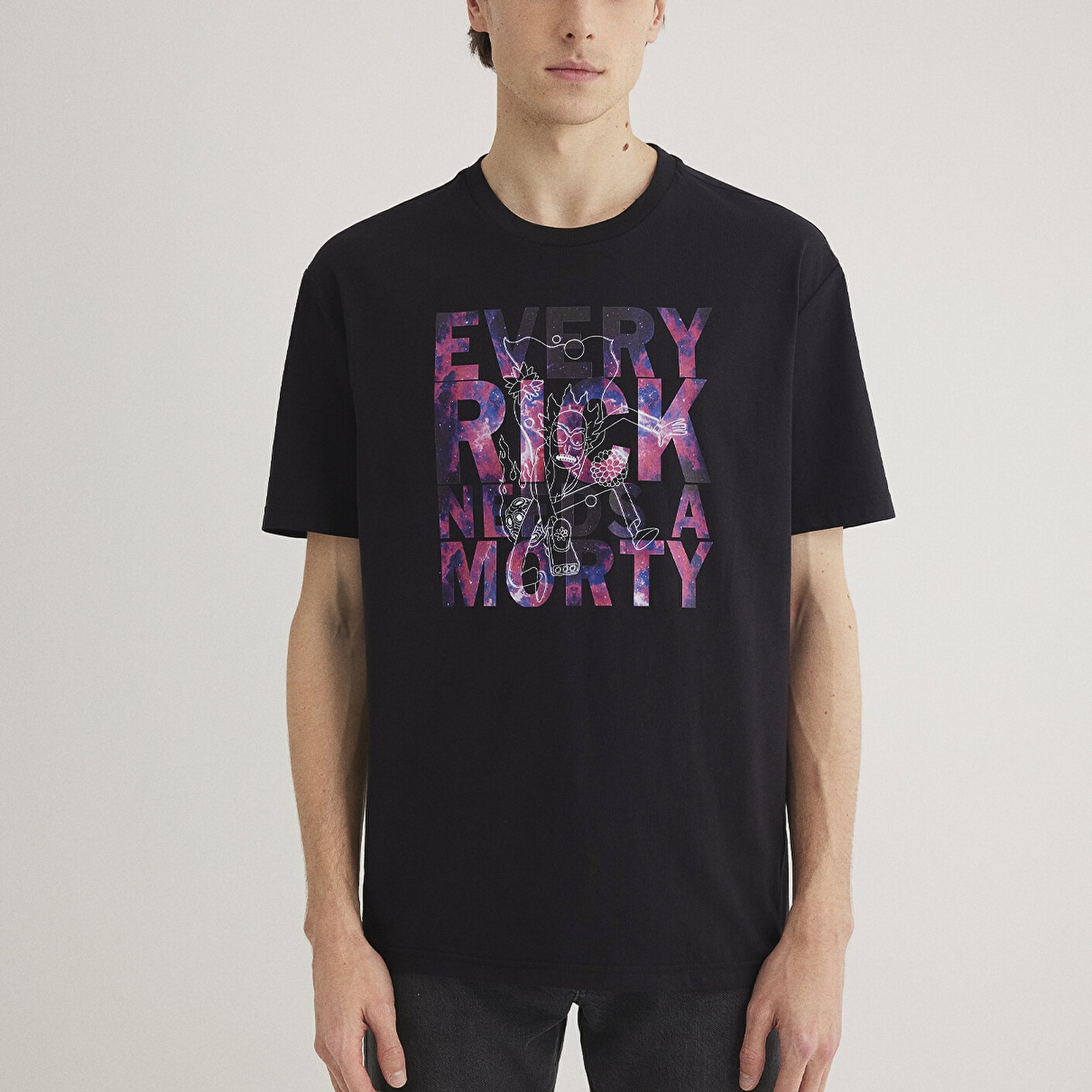 Mavi Rick and Morty Baskılı Siyah Tişört Loose Fit / Bol Rahat Kesim 0611683-900