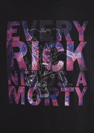 Mavi Rick and Morty Baskılı Siyah Tişört Loose Fit / Bol Rahat Kesim 0611683-900
