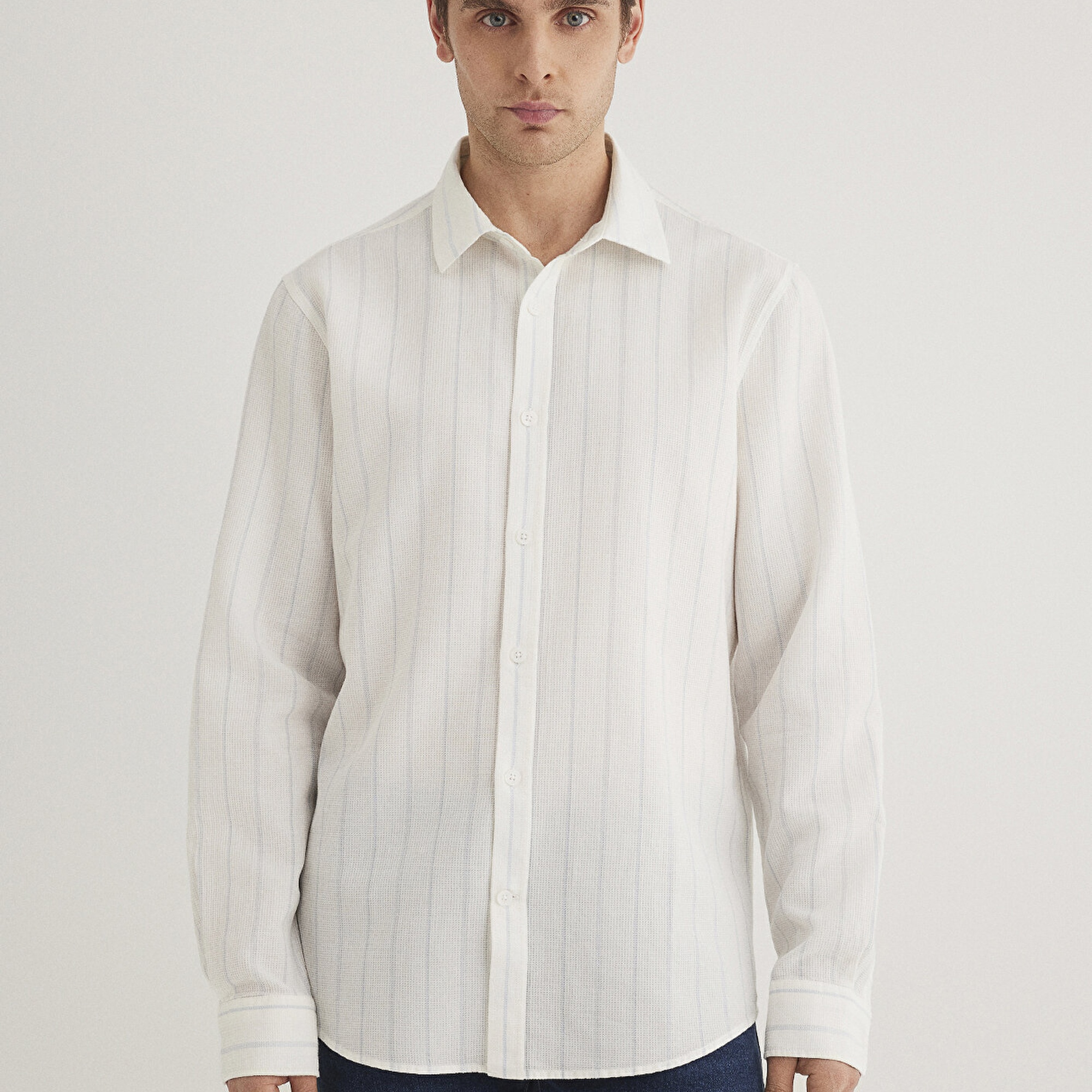 Mavi Mavi Çizgili Beyaz Gömlek Regular Fit / Normal Kesim 0211384-70813