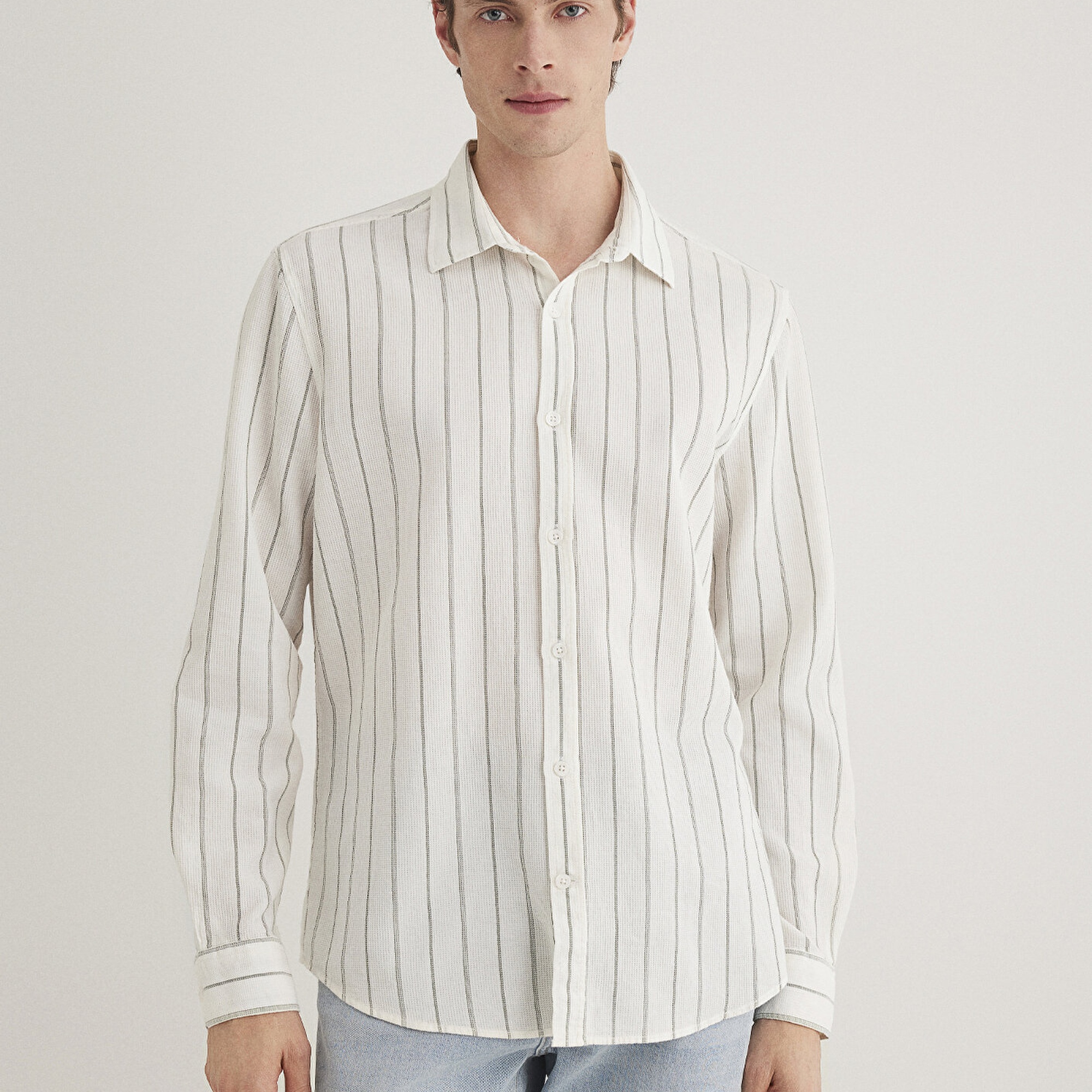 Mavi Haki Çizgili Gömlek Regular Fit / Normal Kesim 0211384-80692