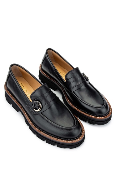  Tamer Tanca Kadın Hakiki Deri Siyah Deri Loafer Ayakkabı