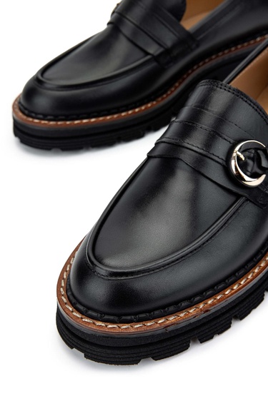  Tamer Tanca Kadın Hakiki Deri Siyah Deri Loafer Ayakkabı