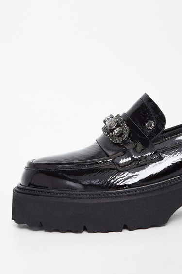  Tamer Tanca Kadın Hakiki Deri Siyah Rugan Loafer Ayakkabı