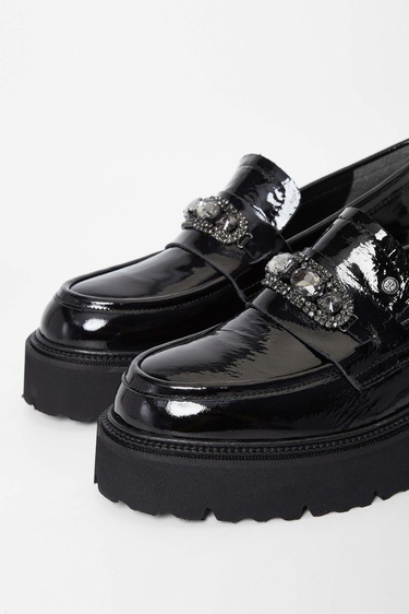  Tamer Tanca Kadın Hakiki Deri Siyah Rugan Loafer Ayakkabı