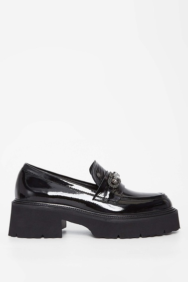  Tamer Tanca Kadın Hakiki Deri Siyah Rugan Loafer Ayakkabı