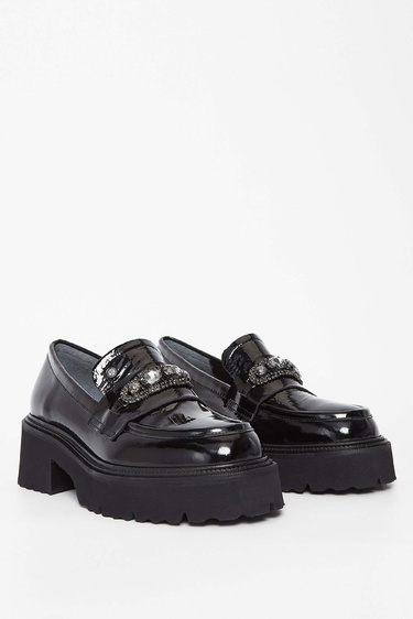  Tamer Tanca Kadın Hakiki Deri Siyah Rugan Loafer Ayakkabı