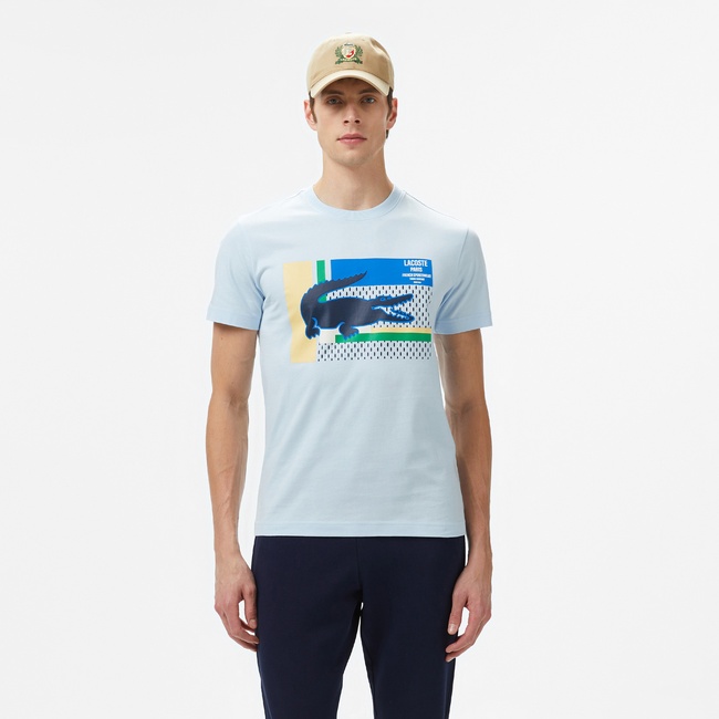 Lacoste Erkek Bisiklet Yaka Baskılı Açık Mavi T-Shirt