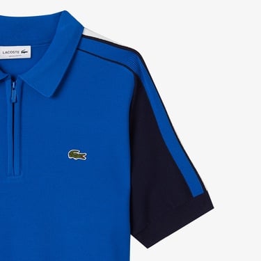  Lacoste Erkek Kısa Kollu Yarım Fermuarlı Renk Bloklu Mavi Triko