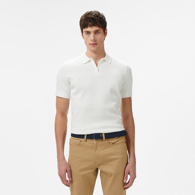  Erkek Kısa Kollu Yarım Fermuarlı Beyaz Triko