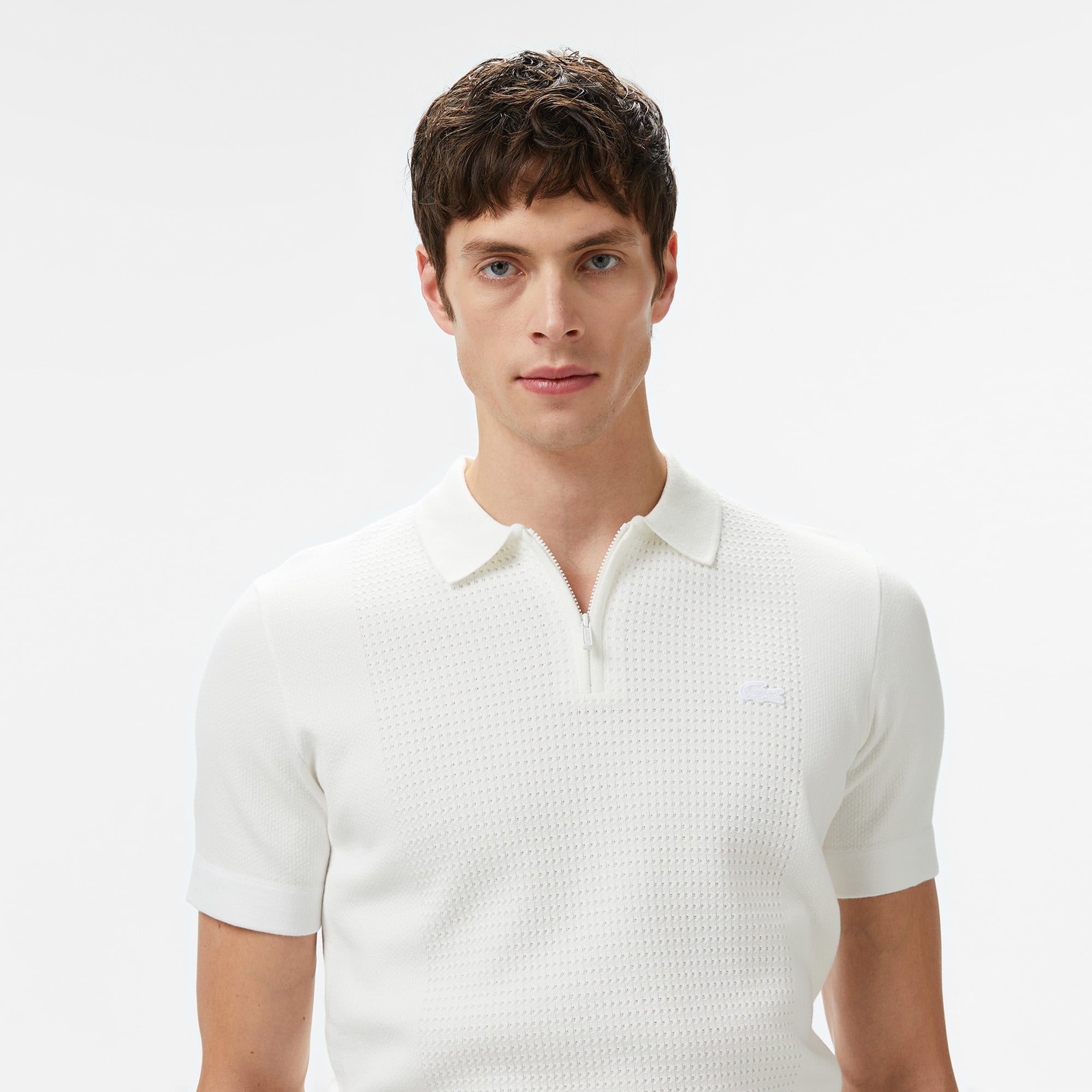 Erkek Kısa Kollu Yarım Fermuarlı Beyaz Triko