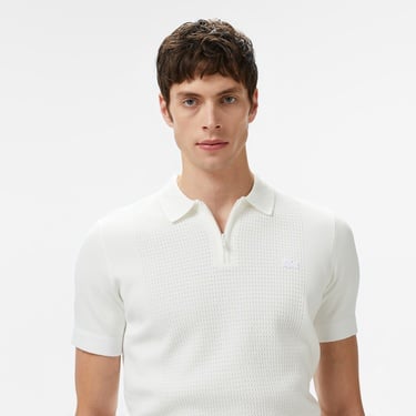  Erkek Kısa Kollu Yarım Fermuarlı Beyaz Triko