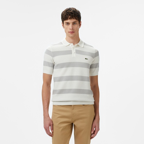  Lacoste Erkek Polo Yaka Çizgili Gri Triko