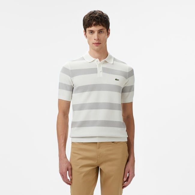  Lacoste Erkek Polo Yaka Çizgili Gri Triko