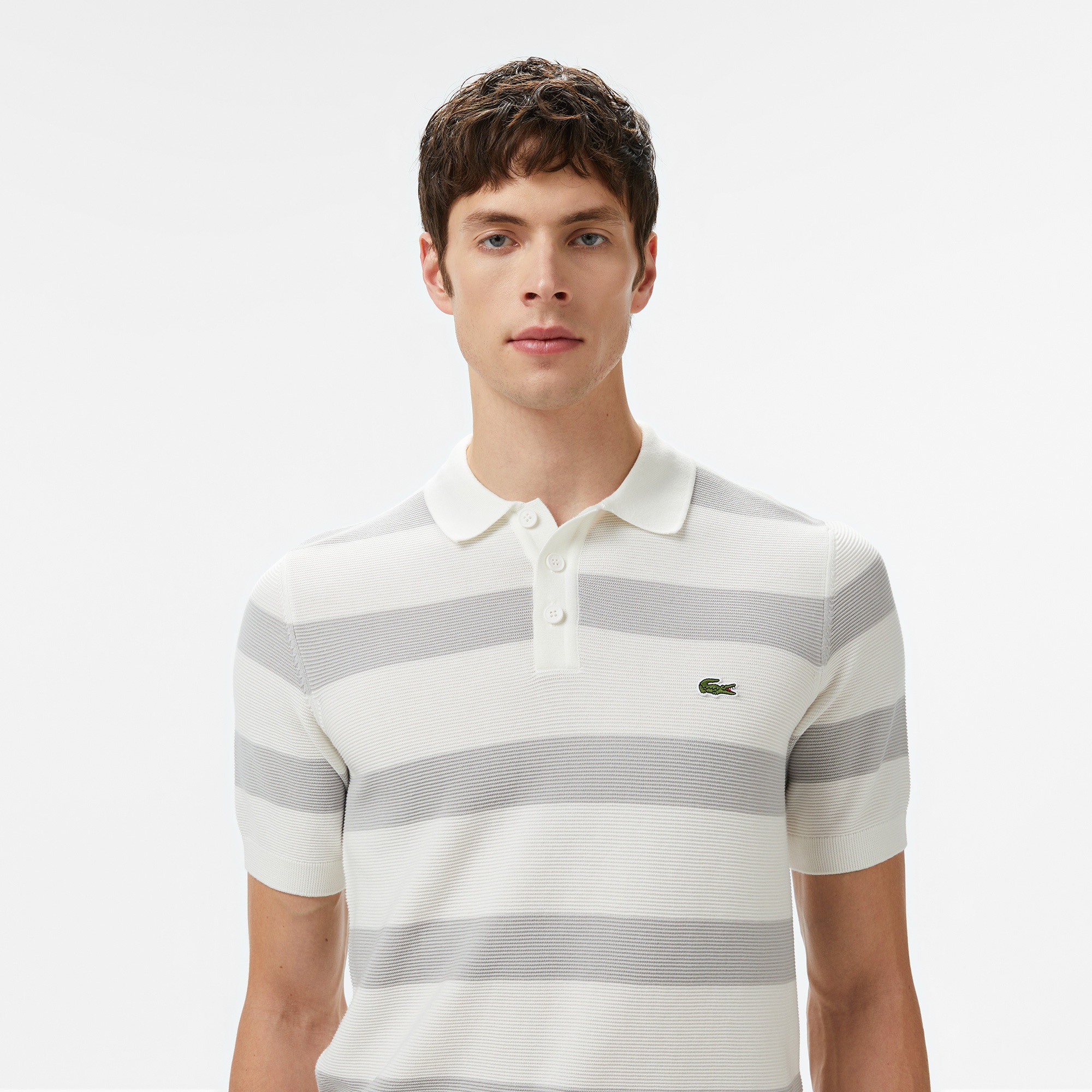 Lacoste Erkek Polo Yaka Çizgili Gri Triko