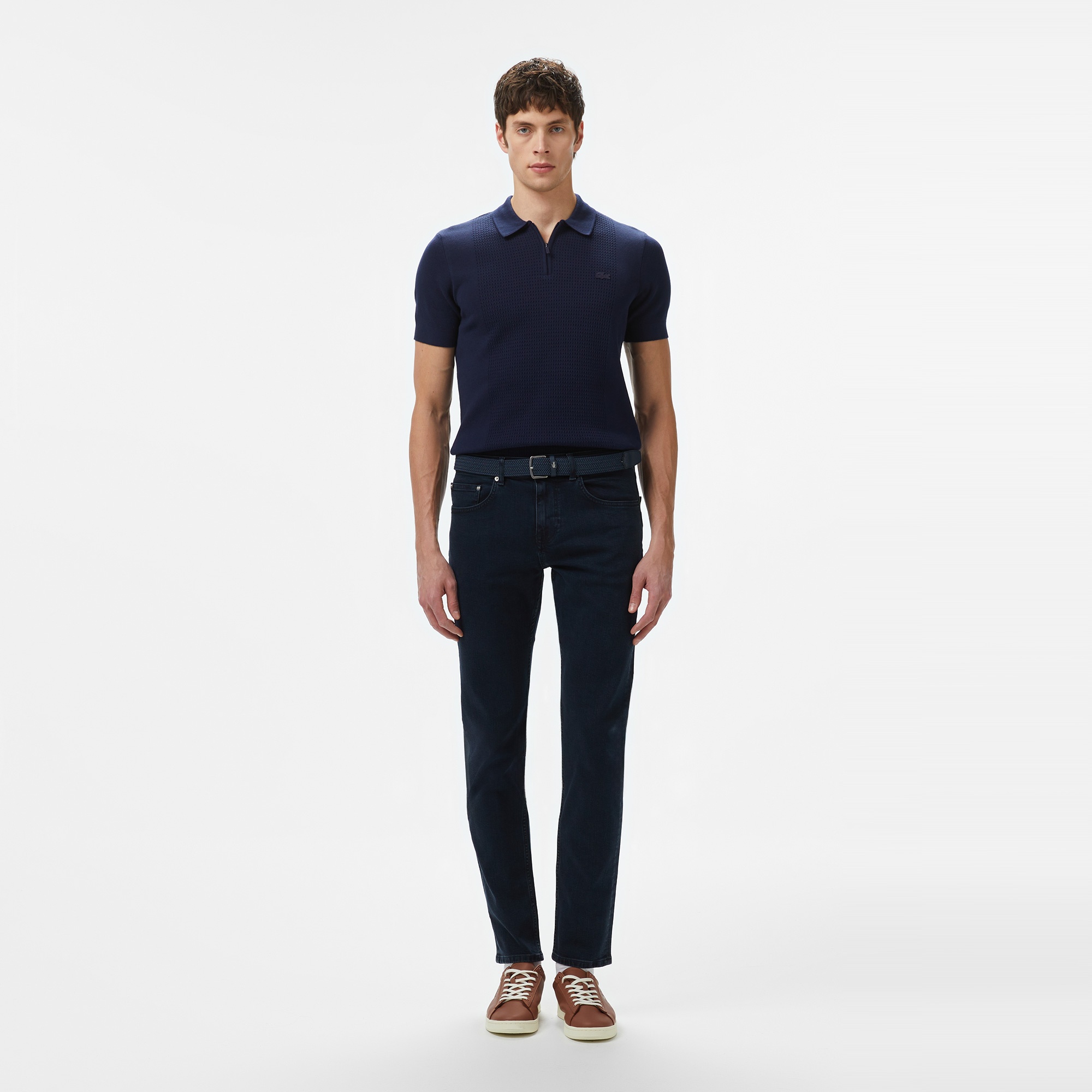 Lacoste Erkek Kısa Kollu Yarım Fermuarlı Lacivert Triko