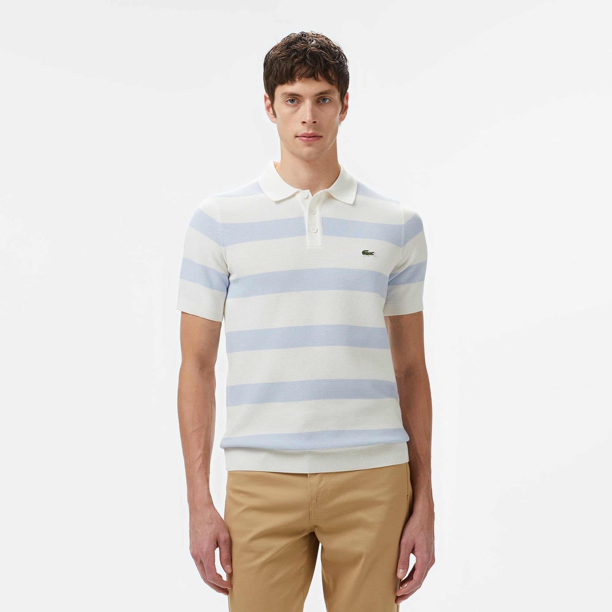 Lacoste Erkek Gömlek Yaka Çizgili Açık Mavi Triko