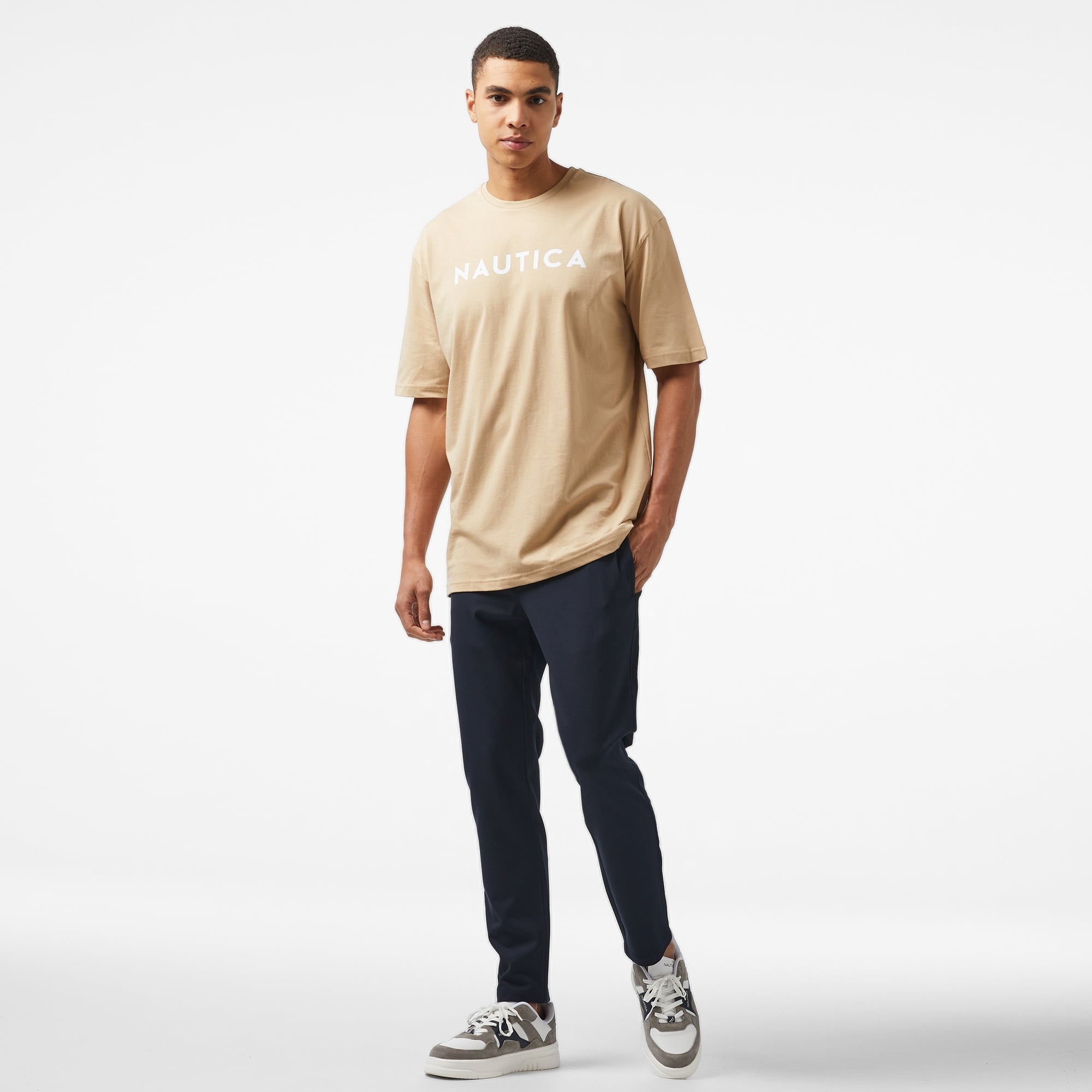 Nautica Erkek Bej Oversize Kısa Kollu T-Shirt