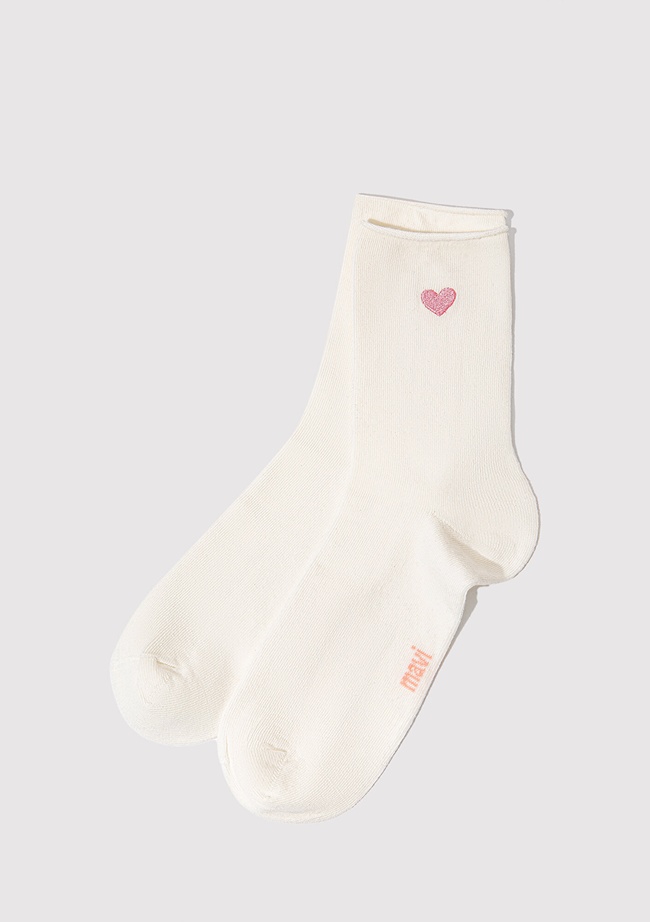  Mavi Kalp İşlemeli Ekru Soket Çorap 1913243-70048