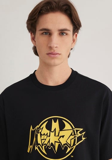  Mavi Batman Baskılı Siyah Tişört Loose Fit / Bol Rahat Kesim 0612567-900