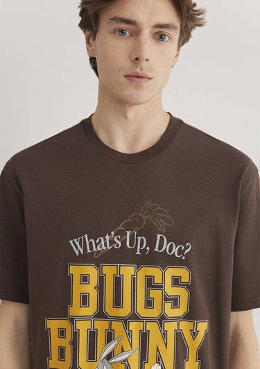  Mavi Bugs Bunny Baskılı Kahverengi Tişört Loose Fit / Bol Rahat Kesim 0612565-88067