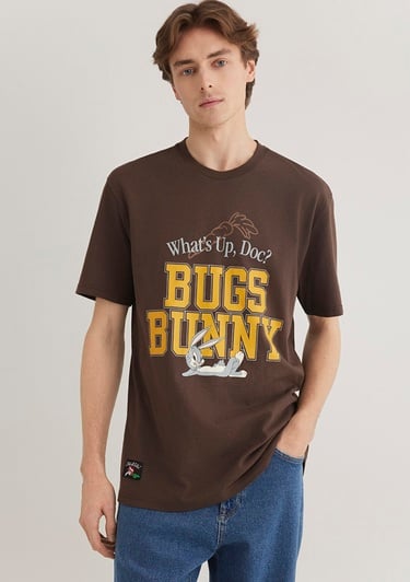  Mavi Bugs Bunny Baskılı Kahverengi Tişört Loose Fit / Bol Rahat Kesim 0612565-88067
