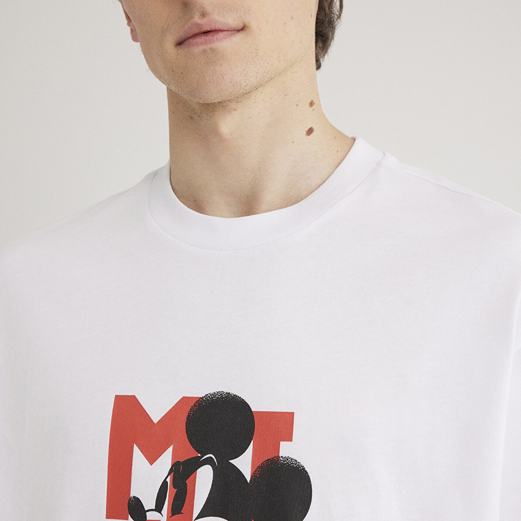 Mavi Mickey Mouse Baskılı Beyaz Tişört Boxy Fit 0612561-620