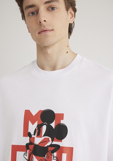  Mavi Mickey Mouse Baskılı Beyaz Tişört Boxy Fit 0612561-620