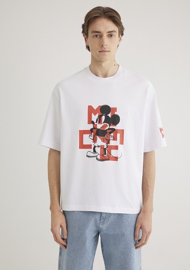  Mavi Mickey Mouse Baskılı Beyaz Tişört Boxy Fit 0612561-620