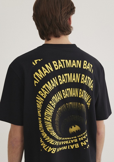  Mavi Batman Baskılı Siyah Tişört Loose Fit / Bol Rahat Kesim 0612567-900