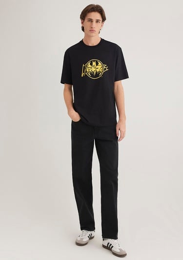  Mavi Batman Baskılı Siyah Tişört Loose Fit / Bol Rahat Kesim 0612567-900
