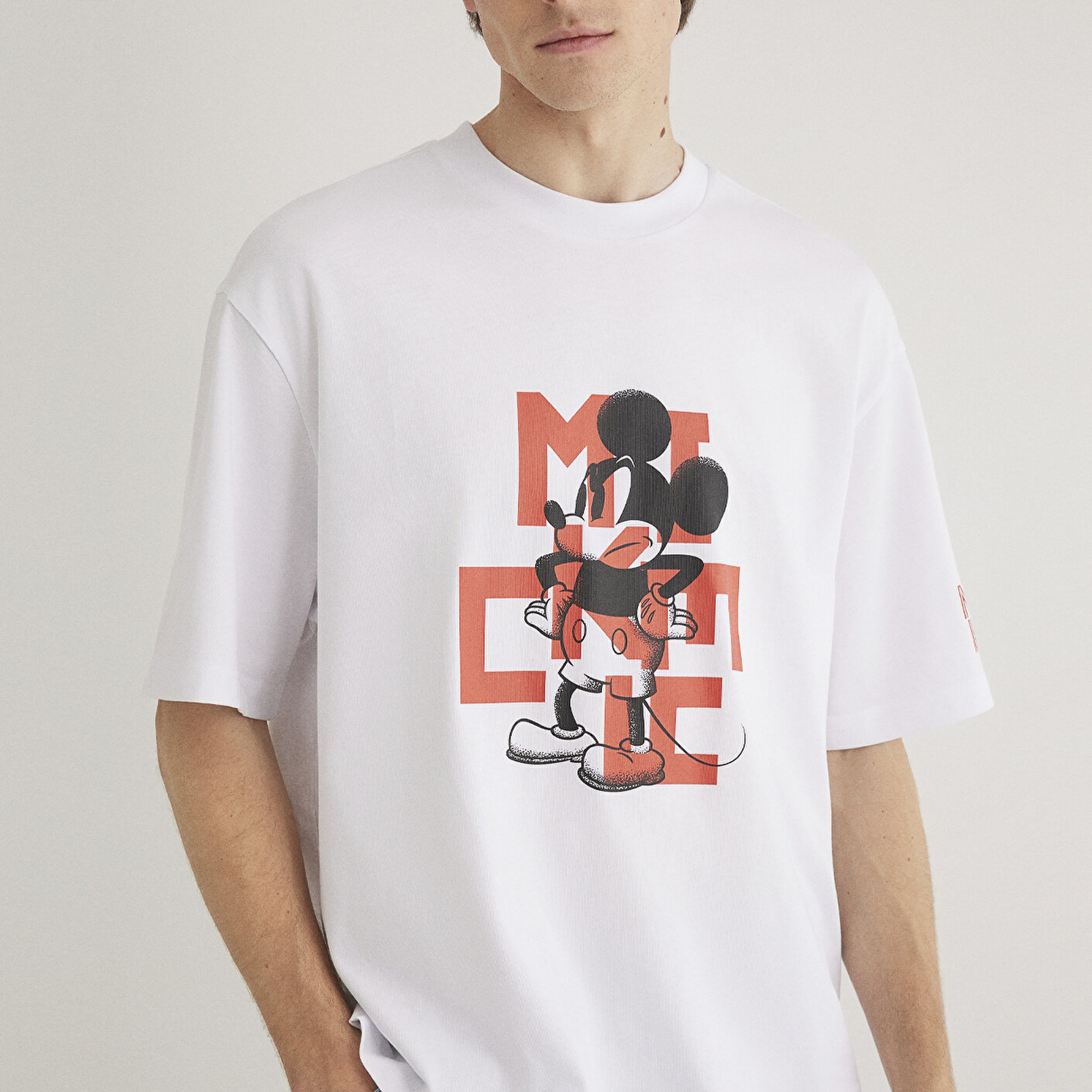 Mavi Mickey Mouse Baskılı Beyaz Tişört Boxy Fit 0612561-620