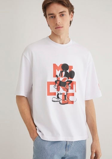  Mavi Mickey Mouse Baskılı Beyaz Tişört Boxy Fit 0612561-620