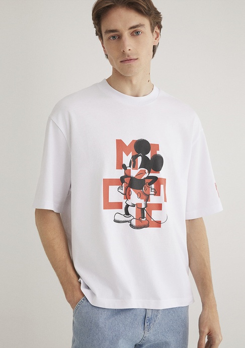  Mavi Mickey Mouse Baskılı Beyaz Tişört Boxy Fit 0612561-620