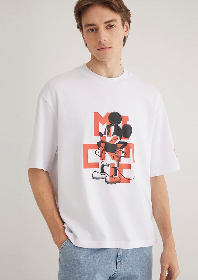  Mavi Mickey Mouse Baskılı Beyaz Tişört Boxy Fit 0612561-620
