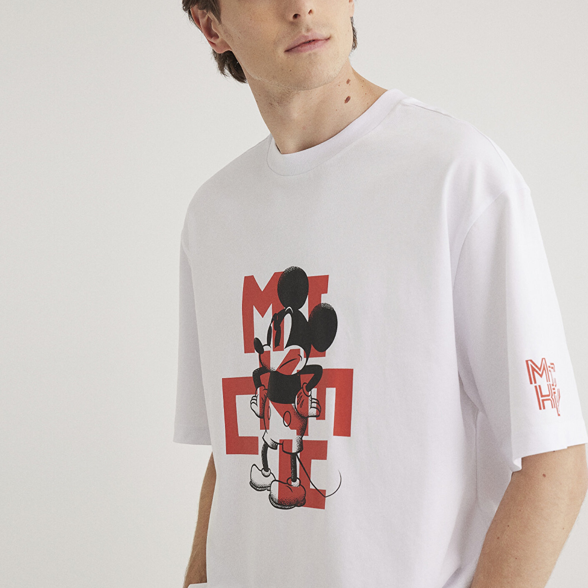 Mavi Mickey Mouse Baskılı Beyaz Tişört Boxy Fit 0612561-620