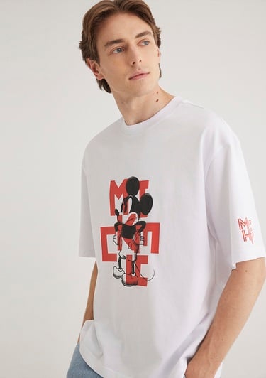  Mavi Mickey Mouse Baskılı Beyaz Tişört Boxy Fit 0612561-620
