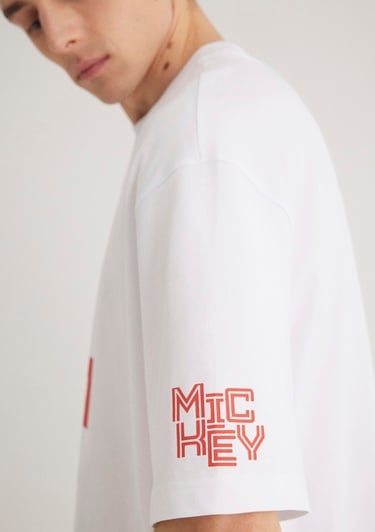  Mavi Mickey Mouse Baskılı Beyaz Tişört Boxy Fit 0612561-620