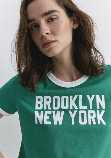  Mavi New York Baskılı Beyaz Biyeli Yeşil Tişört Slim Fit / Dar Kesim 1613061-71879