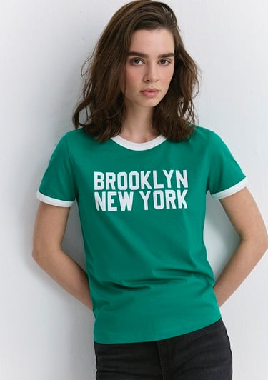  Mavi New York Baskılı Beyaz Biyeli Yeşil Tişört Slim Fit / Dar Kesim 1613061-71879