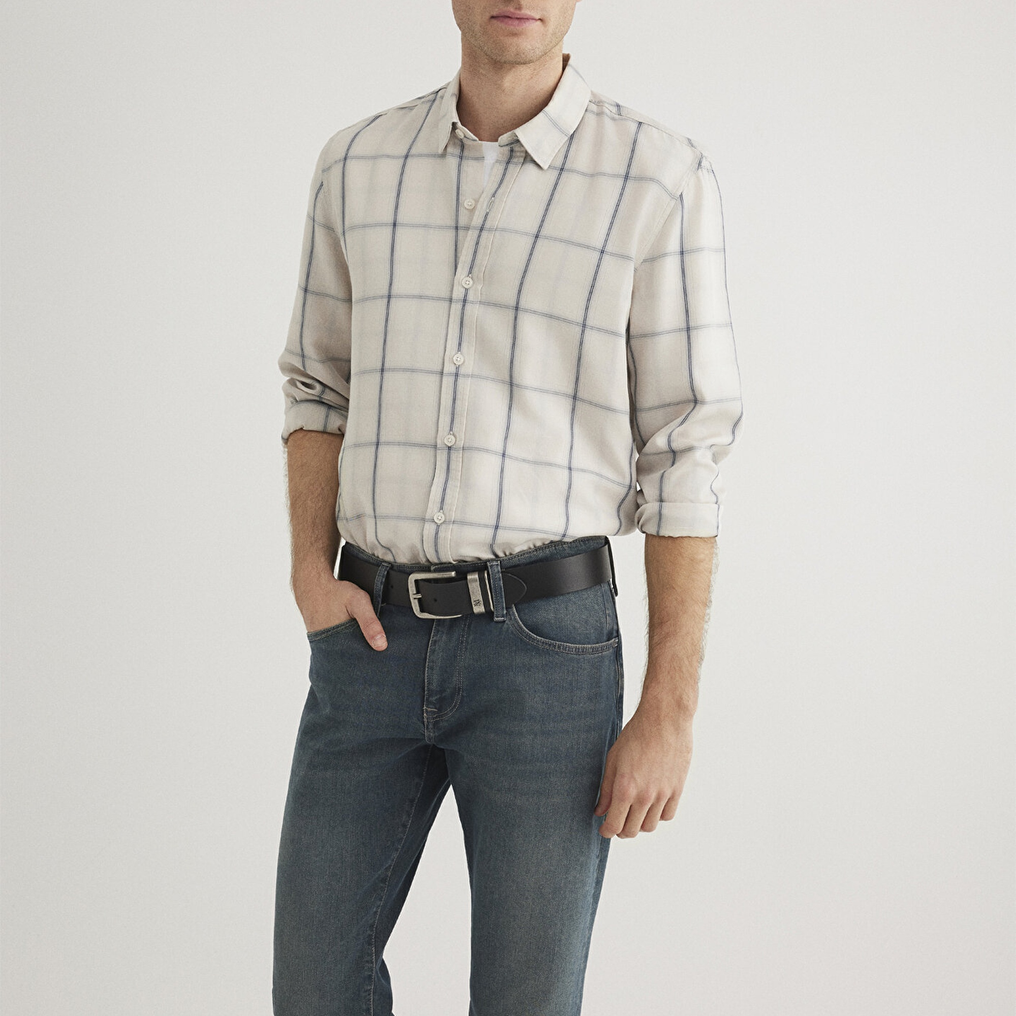 Mavi Kareli Ekru Tencel TM Liyosel Gömlek Slim Fit / Dar Kesim 0211447-89583