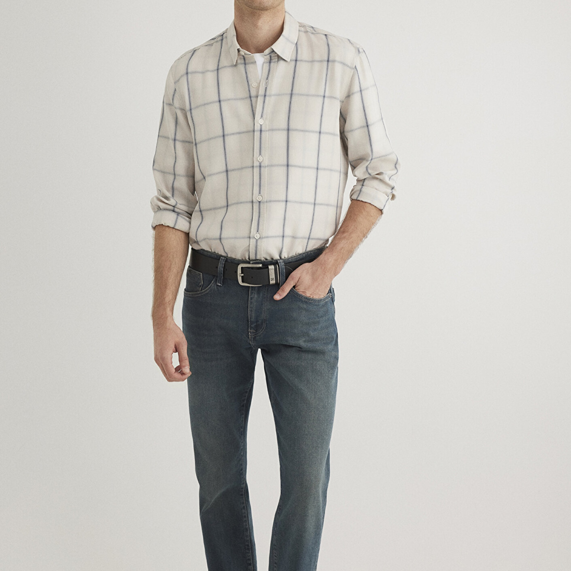 Mavi Kareli Ekru Tencel TM Liyosel Gömlek Slim Fit / Dar Kesim 0211447-89583