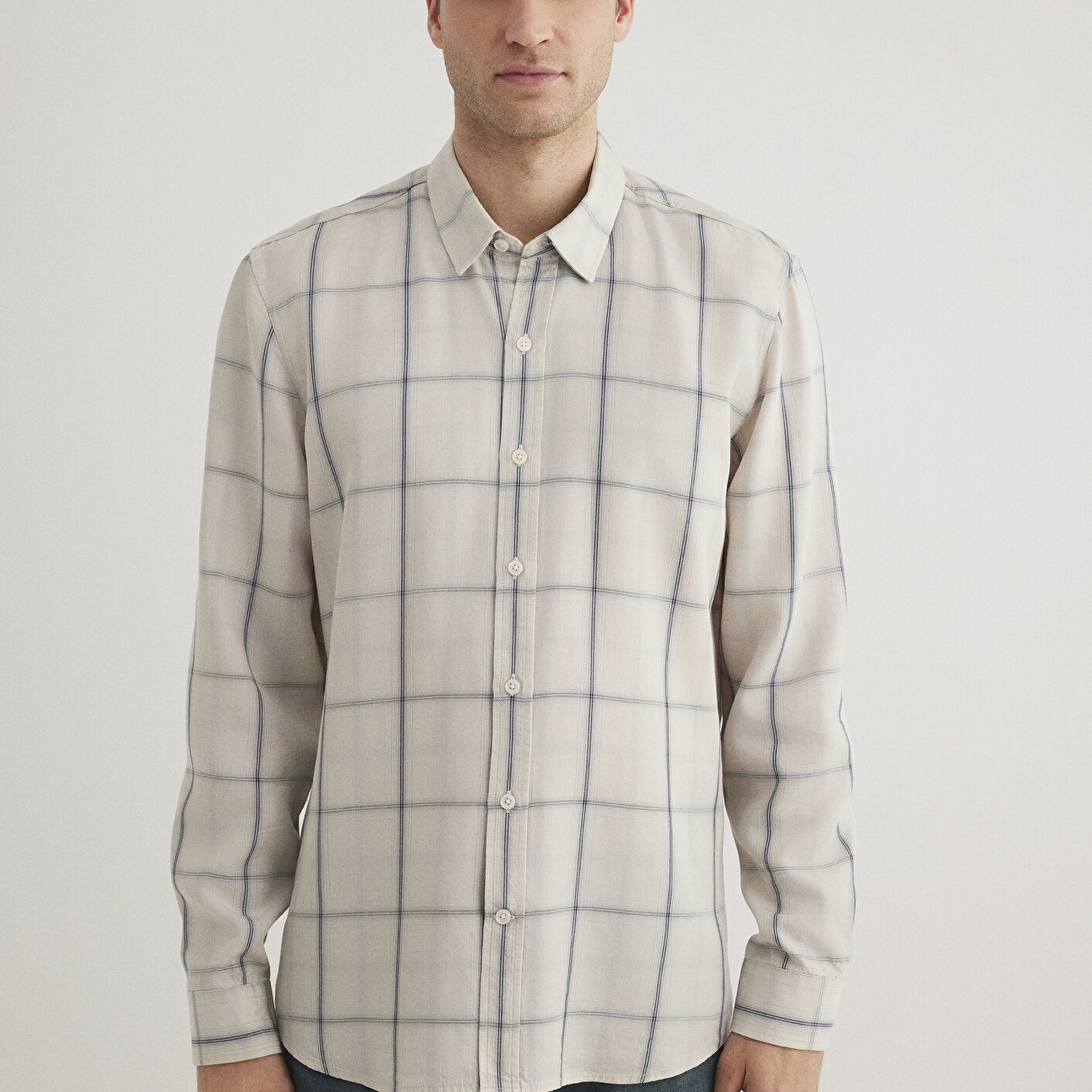 Mavi Kareli Ekru Tencel TM Liyosel Gömlek Slim Fit / Dar Kesim 0211447-89583