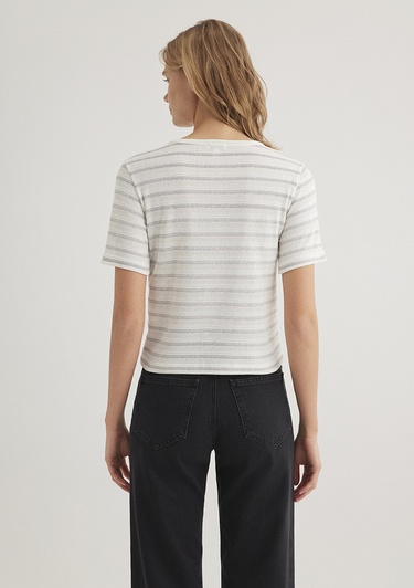  Mavi Gri Çizgili Ekru Tişört Slim Fit / Dar Kesim 1612126-88146