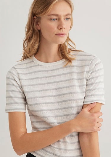  Mavi Gri Çizgili Ekru Tişört Slim Fit / Dar Kesim 1612126-88146