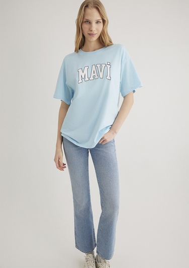  Mavi Mavi Logo Baskılı Mavi Tişört Oversize / Geniş Kesim 1600843-70806