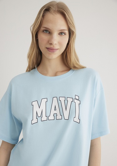  Mavi Mavi Logo Baskılı Mavi Tişört Oversize / Geniş Kesim 1600843-70806