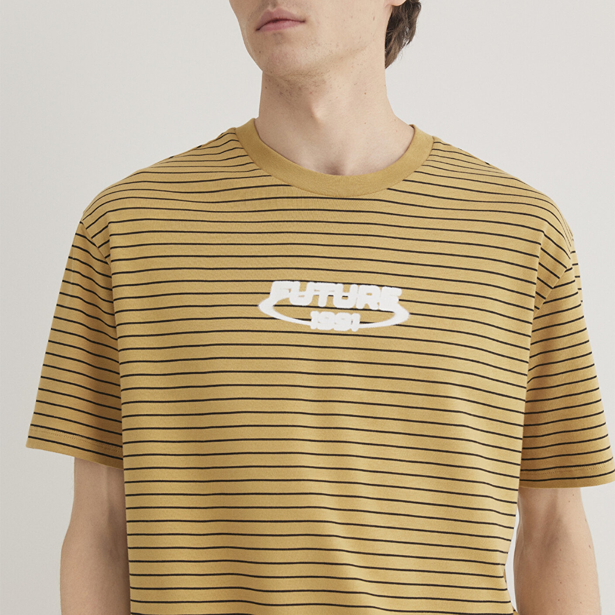 Mavi Baskılı Çizgili Hardal Tişört Loose Fit / Bol Rahat Kesim 0612495-70205