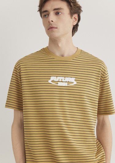  Mavi Baskılı Çizgili Hardal Tişört Loose Fit / Bol Rahat Kesim 0612495-70205