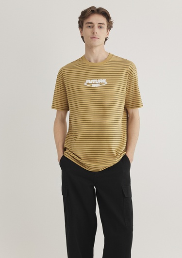  Mavi Baskılı Çizgili Hardal Tişört Loose Fit / Bol Rahat Kesim 0612495-70205