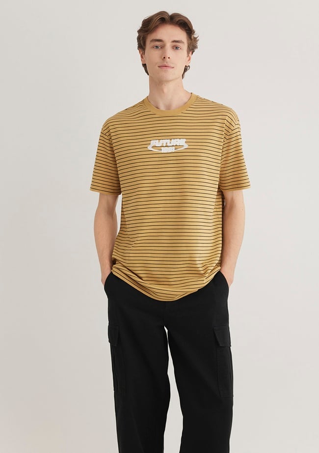  Mavi Baskılı Çizgili Hardal Tişört Loose Fit / Bol Rahat Kesim 0612495-70205